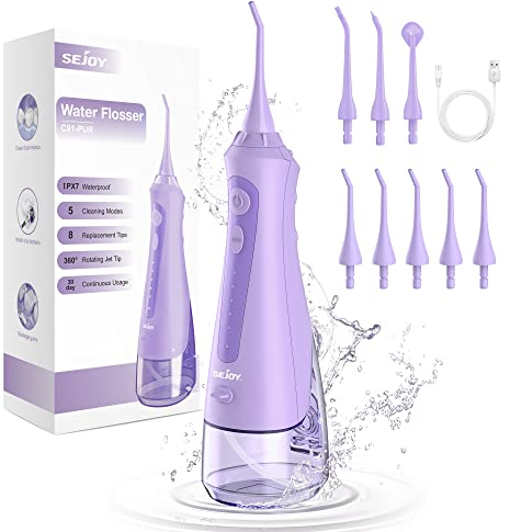 Sejoy Munddusche Kabellos Elektrisch, Oral Irrigator Dental, Zahnreinigung für Dental Clean, 8 Ersatzdüsen 5 Modi, IPX7 Wasserdicht 230ml, USB Wiederaufladbarer, Water Flosser für Reise