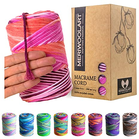 MeriWoolArt® Premium Makramee Garn - Baumwollgarn 3mm x 200m - Super weiches Garn, gedrehte Makramee Schnur - Öko-Tex 100% recyceltes Baumwolle für DIY Boho Deko Handwerk