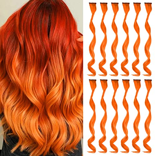Orange Farbige Haarverlängerungen Clip In für Mädchen 17 Zoll Bunte Lockige Gewellte Haarverlängerungen für Party Highlight Haar Zubehör Haarteile für Kinder Frauen (12 PCS Orange)