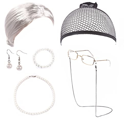 Vastsea 7 Stück Oma Perücke Kostüm Accessoire Set, Old Lady Kostüm Set, Alte Dame Cosplay Set, Oma Brille mit Perlen Armband Perlenkette Zubehör, für Halloween Karneval Fasching Deko (Silber)