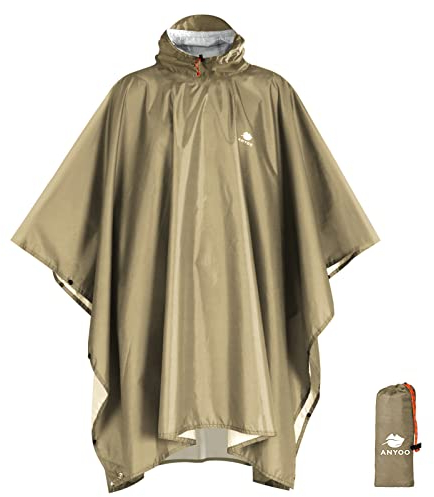 ANYOO Leichter Wasserdichter Regenponcho Wiederverwendbar Atmungsaktiver Regenschutz, Unisex Ripstop Regenmantel mit Kapuze Faltbare für im Freien Camping Wandern Angeln, DunkelKhaki, Einheitsgröße
