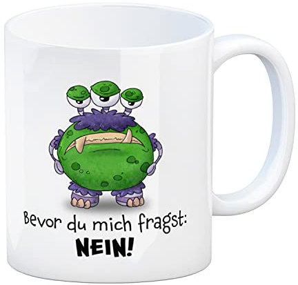 Freches Monster in grün-lila Kaffeebecher mit lustigem Spruch Bevor du mich fragst: NEIN! Tasse Kollegen Freunde und Kinder im Büro oder Zuhause