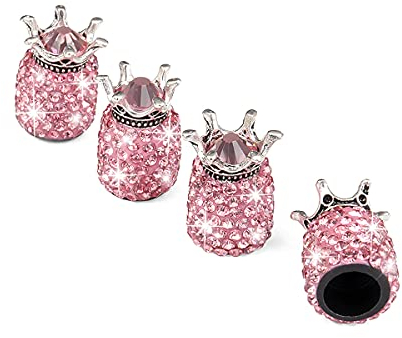 CGEAMDY 4 Stück Luftventilkappen KFZ, Crown Crystal Strass Reifenkappen, Reifenventil Staubkappen, Bling Ventilkappen Handgefertigte Universal Auto Zubehör (Rosa)