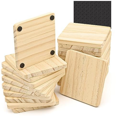 24 Pack Unfinished Wood Coasters, 4 Inch Square Blank Drinks Mat Cup Pad Wooden Crafts Coasters Protection Tabletop for Indoor Outdoor DIY Drawing Painting Engraving Wood Burning Laser Scroll Sawing