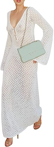 Owegvia Abito lungo da donna Y2k in maglia velata con scollo a V profondo e maniche lunghe, aderente, con schiena scoperta