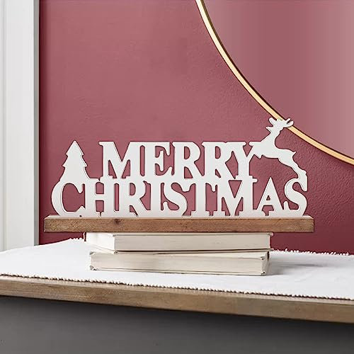 Sintosin Rustikaler Holz Merry Christmas Schriftzug, Landhausstil Xmas Weihnachtsdeko Innen Fensterbank, Weihnachtsdeko Weiß mit Hirsch und Tanne, Weihnachtsdekoration Buchstaben für Innen