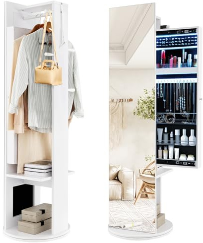 RELAX4LIFE 360° Swivel Jewellery Cabinet, 3-Color LED Lights Jewelry Organiser with Full Length Mirror & Coat Rack, Dressing Cosmetics Armoire for Bedroom Dressing Room