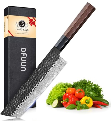 oFuun Cuchillo Japones Damasco, 18cm Cuchillo de Nakiri Profesionales, Cuchillos Cocina de Acero Carbono VG10, Mango de Palo de Rosa y Caja de Regalo