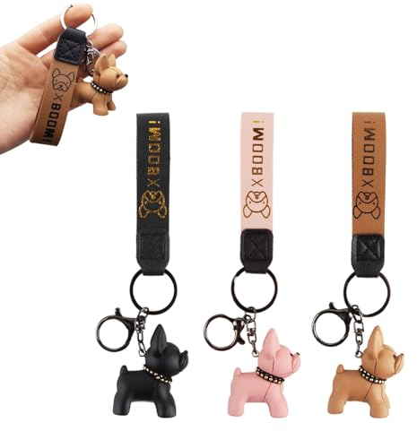 FainFun 3er-Pack Bulldogge Schlüsselanhänger - Hund, Dog, Französische Bulldogge für Autoschlüssel & Rucksack - Schwarz/Rosa/Khaki