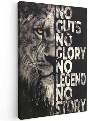 MuchoWow© Leinwand Bilder 60x90 cm Wanddeko Wohnzimmer Aesthetic Room Decor Deko Zimmer Wandbilder Modern Fotogeschenke Löwe - Sprüche - Tiere - No guts no glory no legend no story