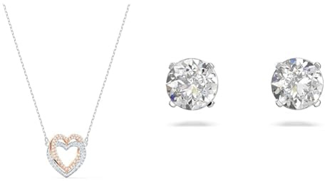 Swarovski Infinity Halskette, Herz, Weiss, Metallmix & Attract Ohrstecker, Rund, Klein, Weiss, Rhodiniert