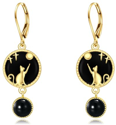 Schwarze Onyx Katze Ohrringe Sterling Silber - 18 Karat Vergoldete Leverback Tropfen Schmuck Geschenke für Damen Mädchen