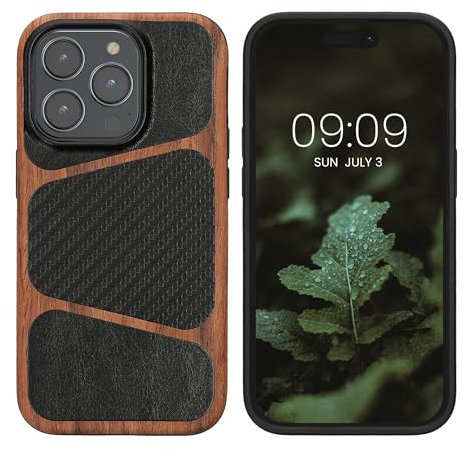kalibri Custodia Rigida Compatibile con Apple iPhone 14 PRO Cover - in TPU Legno Similpelle Texture Carbonio - Compatibile con MagSafe - Marrone Scuro/Nero