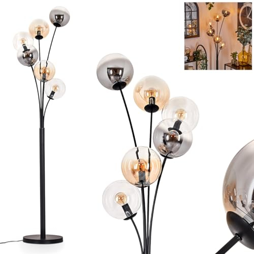 Stehleuchte Gastor, Stehlampe aus Metall/Glas in Schwarz/Rauch/Bernstein/Klar, Leuchte im Retro/Vintage-Design mit Schirmen aus Glas (Ø 15 cm) u. Fußschalter, Höhe 168 cm, 6 x E14, ohne Leuchtmittel