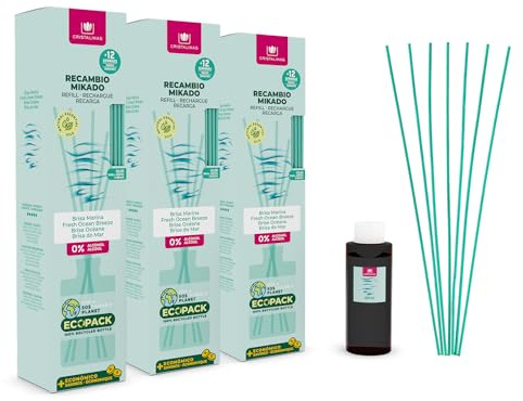 CRISTALINAS | Pack 3 Recambio Ambientador Hogar Mikado + Cañas | Aroma Brisa Marina | Ideal para casa y oficina | 100% Puro | Larga Duración 12 Semanas | 3x85ml | 0% Alcohol