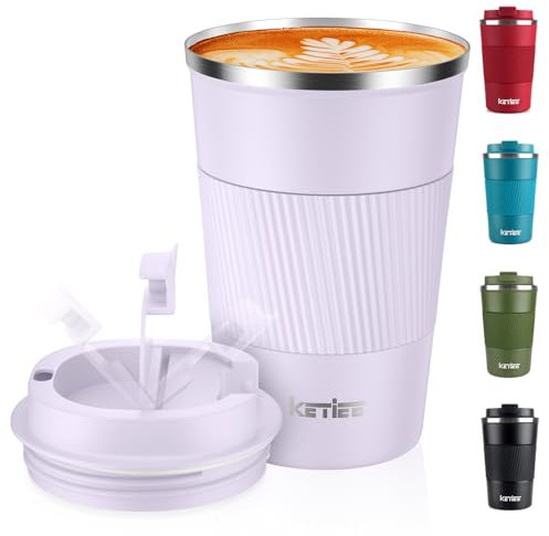 KETIEE Travel Mug Insulated with Leakproof Lid, Reusable Double Walled Coffee Cup, Stainless Steel for Hot Cold Drinks, 380ml Light Purple