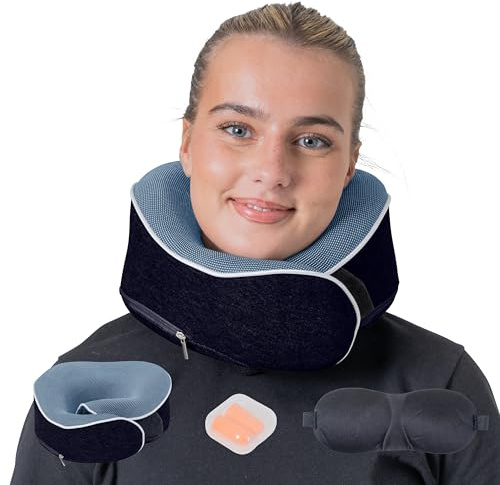 Relaxd Reisekissen aus 100% Memory Foam – Orthopädisches, Verstellbares Nackenhörnchen mit 360° Nackenstütze, Premium-Reisetasche, 3D-Schlafmaske & Ohrstöpseln – Für Flugzeug, Auto & Zug (Marineblau)