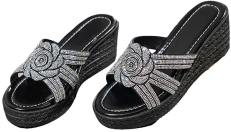 Generico Donna Pelle Flip Flop Donna Rosa Infradito Donna Pantofole con Tacco in Pendenza da Spiaggia da Donna Pantofole Casual vuote Scarpe con Fondo in Pendenza Donna Leopardate Sandali (Black, 40)