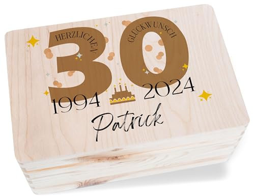 Erinnerungsbox - Holzkiste zum 30. Geburtstag Geschenkbox mit Namen Männer & Frauen | Ideal für Geburtstagskarten zum 30ten Geldgeschenke & persönliche Geschenke | Geschenkverpackung 30. Geburtstag