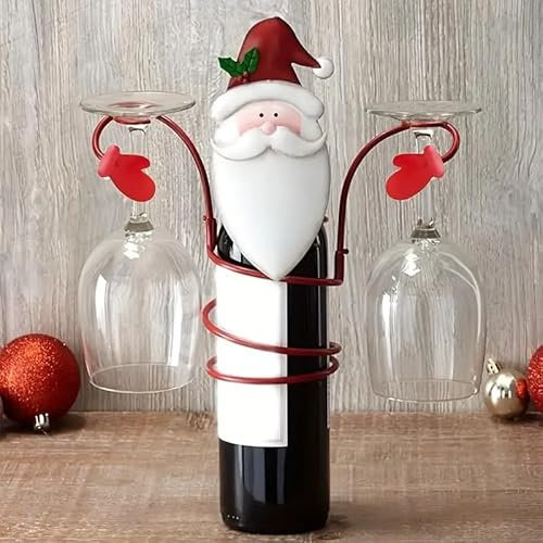 ZiaWorld Christmas Wine Bottle Holder, Wine Rack Cute Wine Glass Holder Metal Wine Holder Hold 1 Bottle & 2 Glasses Gifts for Wine Lovers Xmas Party Home Table Top Décor (Santa)