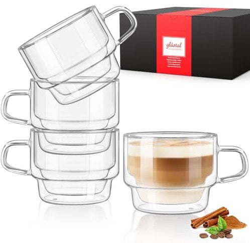 glastal 4 Pack 350ml Double Walled Coffee Cups Glasses Mugs, Stackable Glass Coffee Cups with Handle, Cappuccino Latte Macchiato Glasses Cups for Coffee Tea Milk Juice Ice Cream (Set of 4)