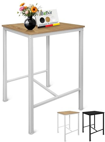 BeFair Bartisch Eiche/Weiß, 60x60x100 cm, Hochtisch mit Fußstütze, Industrial Design, Metallbeine – Komfort und Stabilität