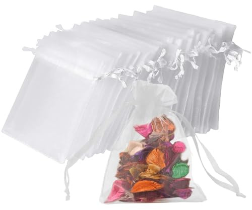 vaolmlop 100 weiße Organza Beutel 10 x 12 cm mit Kordelzug | 100 weiße 10 x 12 cm Beutel mit Kordelzug für Schmuck, Süßigkeiten, Lavendel und Gastgeschenke.