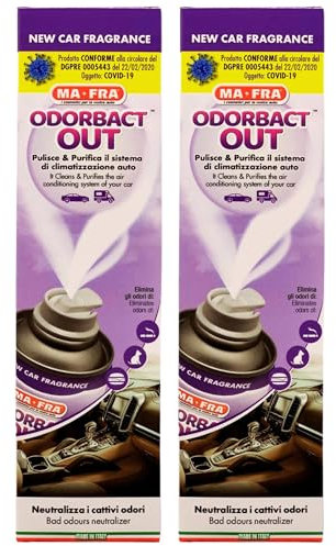 2x Spray Purificante Per Climatizzatori Auto ODORBACT OUT, Neutralizza i Cattivi Odori e Rilascia Una Piacevole Fragranza 150ml (NEW CAR FRAGRANCE)