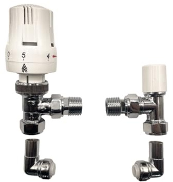 Greened House White Thermostatic Radiator Valve Bi-Directional/Towel Rail Valve 1/2 / With 90 Degree Push Fit Connector/Reducer (15mm to 15mm Angled Push Fit)