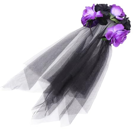 LRXIYODE Künstlicher Rosen Haarreif mit Schleier Schwarz Purpur Halloween Haarschmuck für Party Cosplay Fotorequisiten Leichter Blumenschmuck mit Festem Sitz für Damen