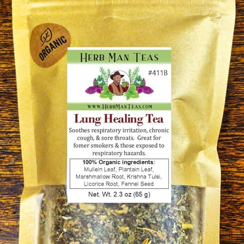 LUNG HEALING TEA – Dry Cough & Respiratory Discomfort Relief Blend with Mullein, Plantain & Marshmallow – Formulated by Master Herbalist Khabir – 100% Organic, Non-GMO, No Additives