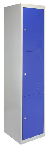 MonsterShop 3-türiger Fächerschrank Umkleideschrank Schließfachschrank Spind Garderobenschrank Stahlspind Stahlschrank Aufbewahrungsschrank Schrank Locker 180cm x 45cm x 38cm Blau