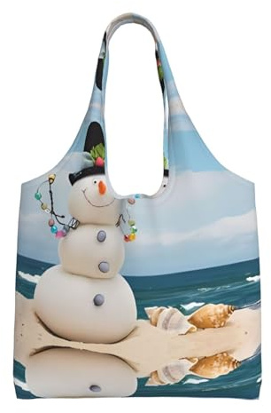 QAZWZML Bedruckte Canvas-Tasche mit Schneemann mit Muscheln am Sandstrand (1) Bedruckte Einzelschultertasche für Pendler, geeignet für Reisen, Pendeln oder Einkaufen, Fitness- und Sport-Freizeittasche