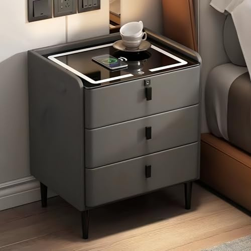 Kanbihao Smart Bedside Table with Wireless & USB Charging, LED 3-Colour Light, Bluetooth Speaker, Fingerprint Lock, 3 Drawers, Modern Nightstand for Bedroom Adults 50x40x59cm Dark Grey