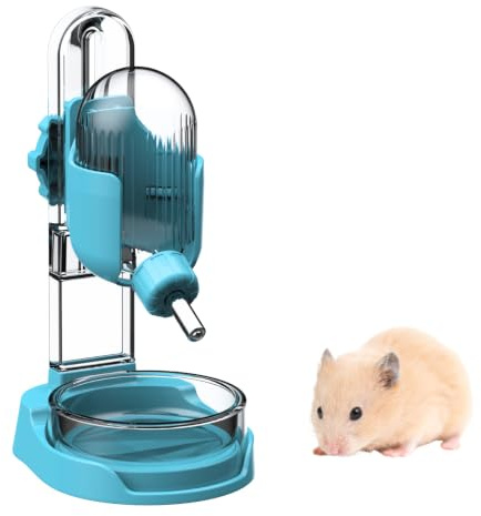 Hamster Water Bottle with Stand, 100ml Water Dispenser with Food Bowl for Syrian Dwarf Hamster Mouse Rat Degu (Blue, Freestanding)