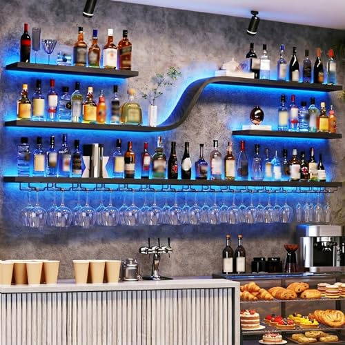 Dernoing Wall Mounted Wine Rack with LED Lights (black, 120cm) | Modern Curved design Floating Bar Shelves, Large Hanging Liquor Display Storage Organizer for Home Bar Coffee Shop Kitchen