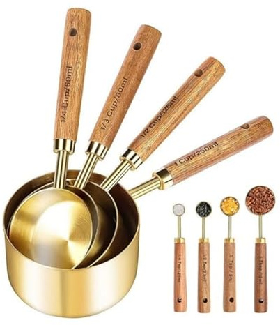 Measuring Cup and Measuring Spoon Set: Stainless Steel with Wooden Handle, Dual Metric & US Units for Dry & Liquid Ingredients (Set of 8 Spoons and Cups)