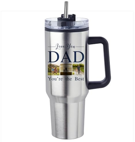 Personalised Love You Dad Photo Mug – Custom Family Picture Coffee Mug for Father, 40oz Travel Tumbler with Handle & Straw |Stainless Steel Large Cup | Travel Water Bottle | Car Coffee Mug. (Silver)