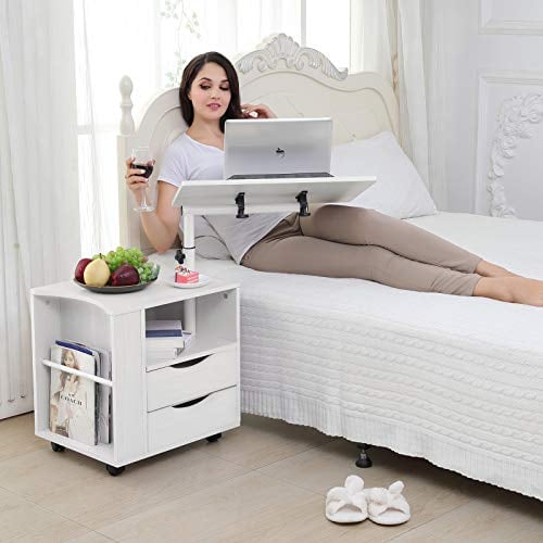Emall Life Functional Swivel Bedside Table Adjustable Wooden Nightstand with Drawers, Wheels and Open Shelf (White)