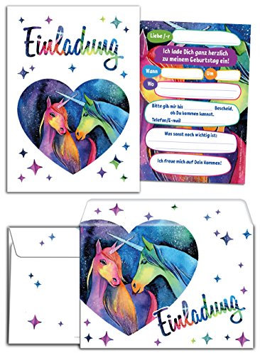 JuNa-Experten 12 Einladungskarten incl. 12 Umschläge zum Kindergeburtstag für Mädchen Einhorn/Unicorn/zwei Einhörner/Einladungen/schöne und bunte Geburtstagseinladungen (12 Karten + 12 Umschläge)
