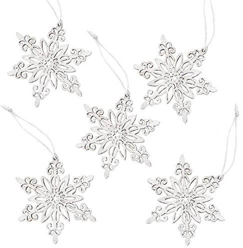 Logbuch-Verlag 5 Schneeflocken Sterne Weihnachten Anhänger aus Holz Eiskristalle Weihnachtsanhänger weiß Silber 8 cm filigraner Baumschmuck