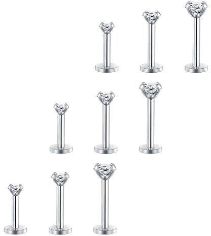 MODRSA 2-4mm Clear Round CZ Gem Internally Threaded Labret Lip Ring Tragus Nail Helix Earring Stud Barbell Piercing Jewelry Bar 6-10mm 16G 9PCS
