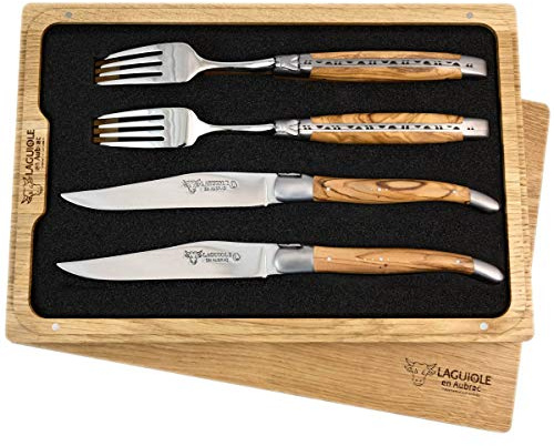 LAGUIOLE en Aubrac Premium Steakbesteck geschmiedet Set 2 Steakmesser und 2 Steakgabeln Olivenholz
