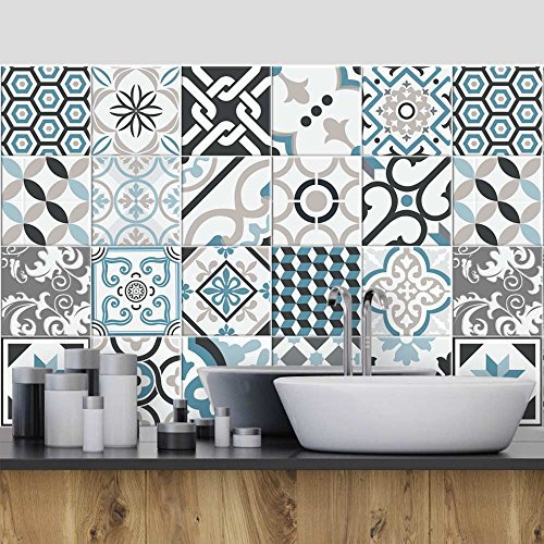 RE-COVERTILES - Autocollants Carrelage Salle de Bain et Cuisine 10 Pcs 20x20 cm - PS00054 Décoration Murale en carrelage mosaïque PVC imperméable Style Carreaux de Ciment Azulejos