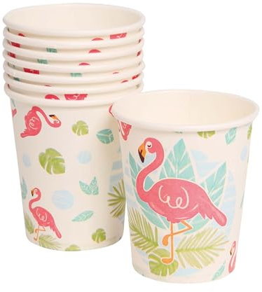FIESTAS GUIRCA | 6 Gobelets Jetables Flamant Rose (240 ml) (10 cm) - Décoration de Table pour Fêtes Hawaïennes et Graduations - Idéal pour Célébrations d'Été et Événements Tropicaux - Blanc