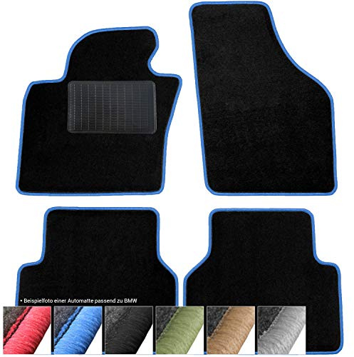 moto-MOLTICO Fußmatten Auto - Velours Autoteppiche | passend für BMW 5er E34 (1988-1996) - 4-teiliges Set - Schwarze Automatten mit Blauen Ziernähten