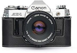 Case for Canon New AE-1 A-1 (No Handle), Zakao Handmade Genuine Real Leather Half Camera Case Bag Cover for Canon New AE-1 A-1 (No Handle) With Hand Strap (Black)