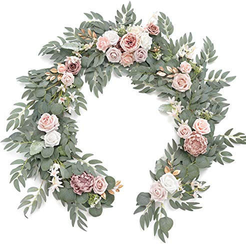 Ling's moment Flower Garland - 6FT Eucalyptus & Rose - Pink Sweetheart Table Decor for Wedding Reception, Artificial Floral Garland for Mantle, Thanksgiving, Christmas Decoration, Dusty Rose