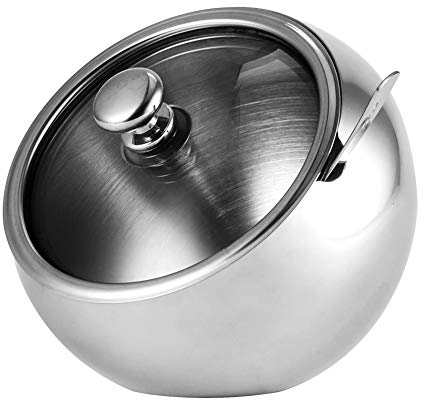 Aolzg Zuccheriera piccola con coperchio e cucchiaio, 300 millilitri /1,25 tazza, zuccheriera in acciaio inox con coperchio obliquo in vetro (per un migliore riconoscimento) cucina