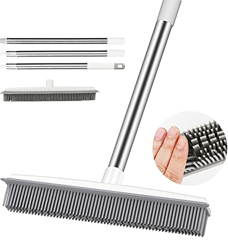 Globalstore Push Broom Pet Hair Removal Broom with Squeegee, Soft Silicone Bristle Broom with 47 Adjustable Long Handle, Non Scratch Carpet Sweeper Brush for Cat/Dog Hair Hardwood Tile Windows